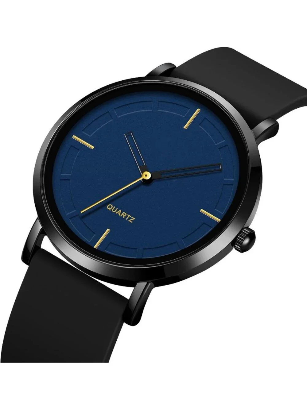 Unisex Black and Blue Lightweight Simple Luxury Quartz Silicone Band Wrist Watch